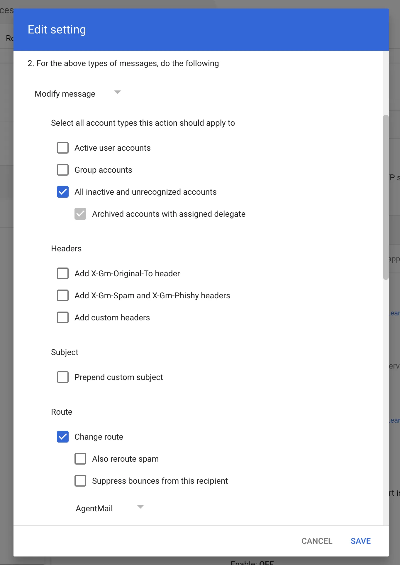 Routing rule configuration