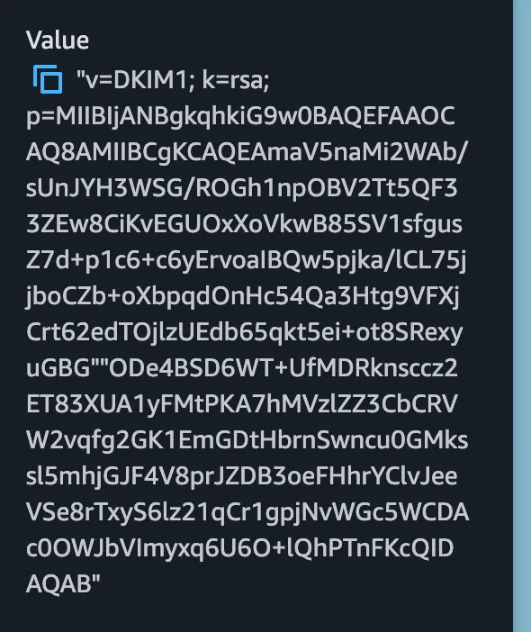 Saved Route 53 DKIM record showing one value made of both quoted strings